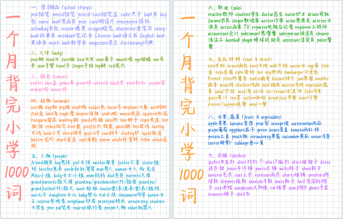 图片[1]-一个月背完小学1000词，彩色精美笔记整理好了！-EnglishX